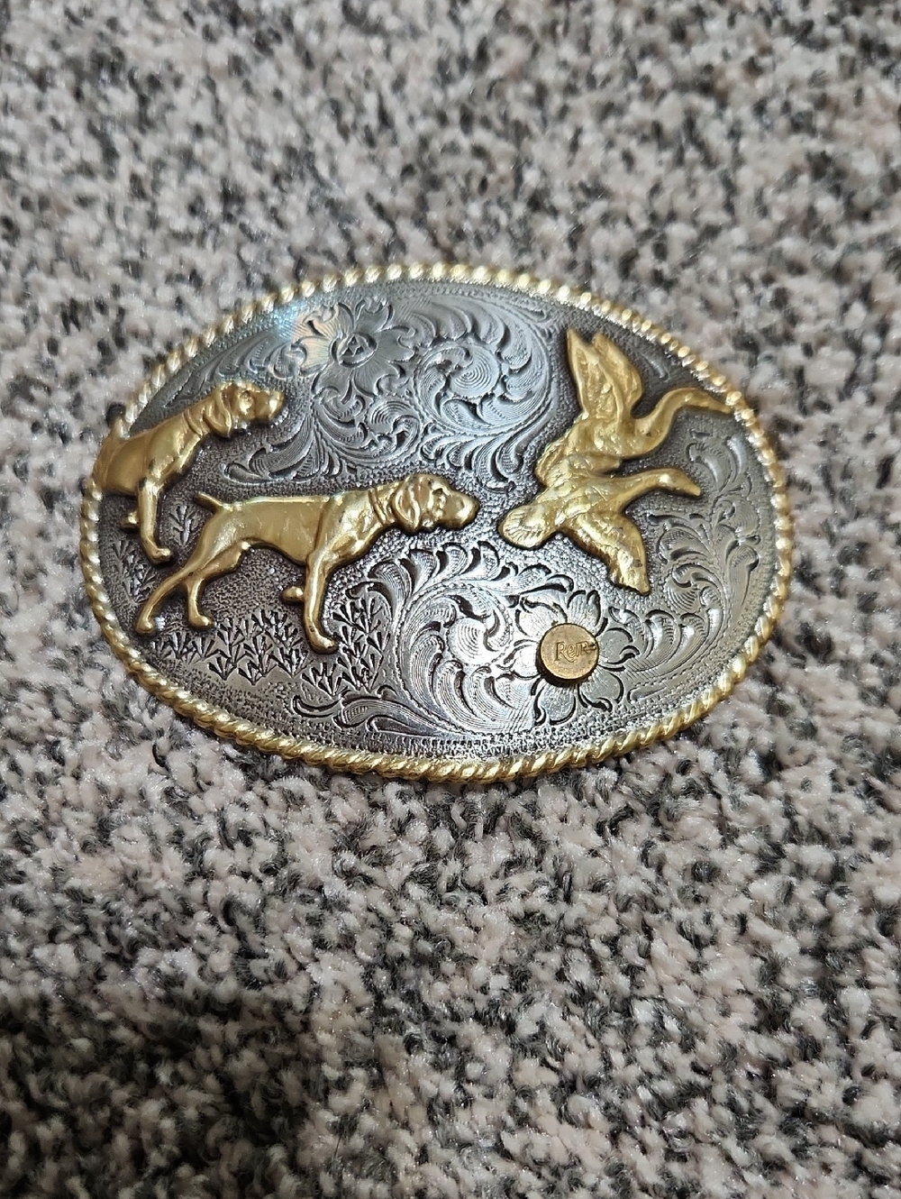 Gold & Silver Hunting Scene Oval Belt Buckle